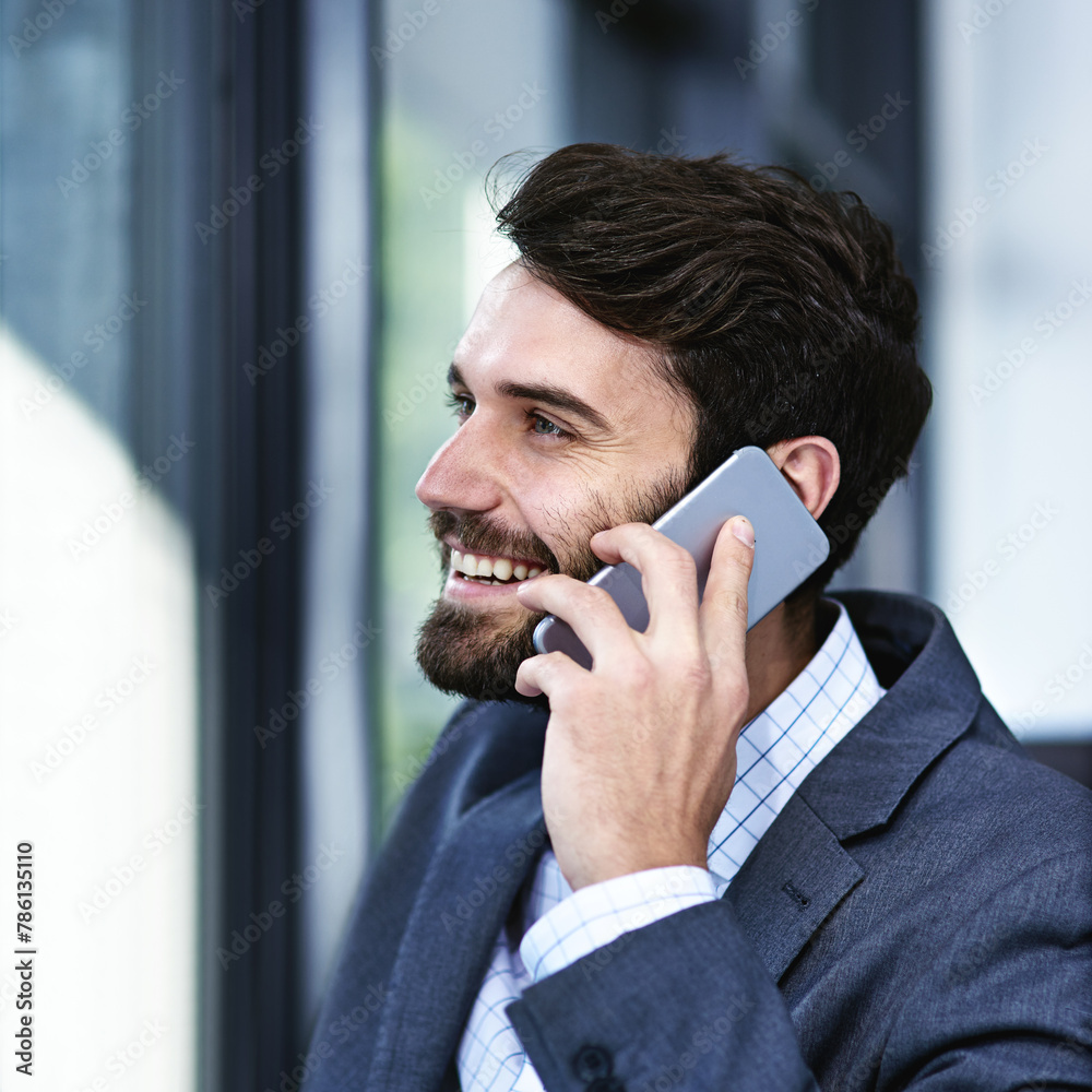 Poster happy, businessman and phone call with discussion for chat, proposal or communication by window at o
