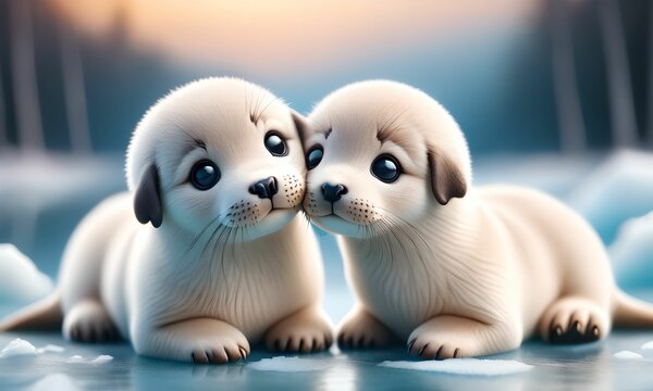 wallpaper for children, representing two cute seal pups alone on the ice floe.