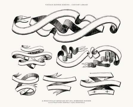 Vintage Ribbon and Banner Line Art Illustrations - Decorative and Downloadable Design Assets