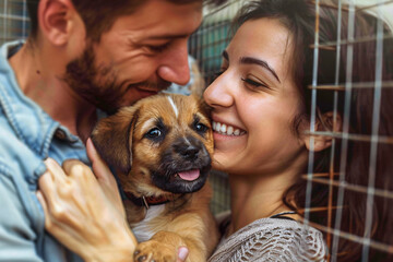 happy couple with cute adopted puppy in the dogs shelter - obrazy, fototapety, plakaty