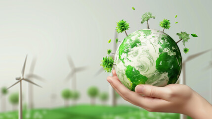 Gentle Hand Nurturing a Greener Earth Amidst Windmills, fingers delicately interact with tiny trees