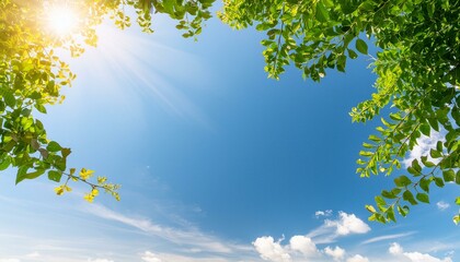 新緑の葉と日差しのフレーム　文字スペース