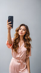 Beautiful young female influencer taking a selfie with her smartphone on a clean colored background