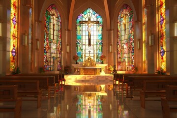 church with stained glass windows and a cross on the altar - obrazy, fototapety, plakaty
