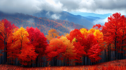 A vibrant fall landscape showcases red and yellow leaves on trees with majestic mountains in the background