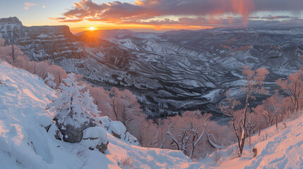 Sunset from a high, snow-covered hill