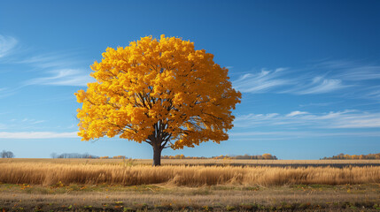 A lone yellow tree stands out against a vast golden field under a clear blue sky