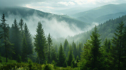 A veil of mist hangs over a lush green forest nestled in the foothills of majestic mountains