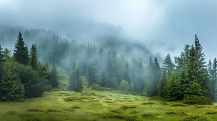 A veil of mist hangs over a lush green forest nestled in the foothills of majestic mountains