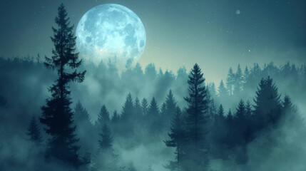 An ethereal mist blankets a silent forest, bathed in the cool glow of a blue moon