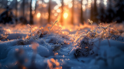 A close-up of snow-covered plants adorned with delicate snowflakes, set against a backdrop of silhouette trees basking in the morning sun