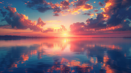 Fototapeta premium A calm lake mirrors a fiery sunset