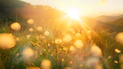 Tuinposter Beautiful sunrise in the mountain..Meadow landscape refreshment with sunray and golden bokeh. © john