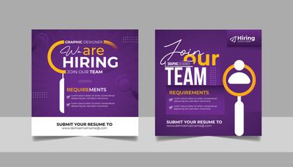 We are hiring job vacancy social media post template set, Vacant recruitment marketing banner square flyer.  Join our team ads design. Job interview poster. Hiring icon background.