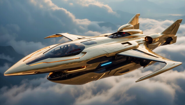 A futuristic golden airplane in flight