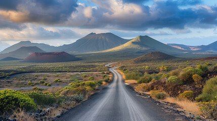 Fototapeta premium Meandering road amidst verdant nature leads to distant mountains