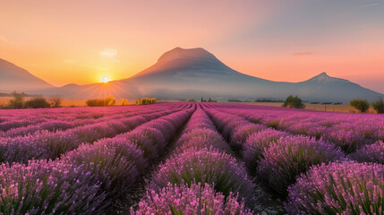 The last rays of a colorful sunset bathe a field of lavender in warm light