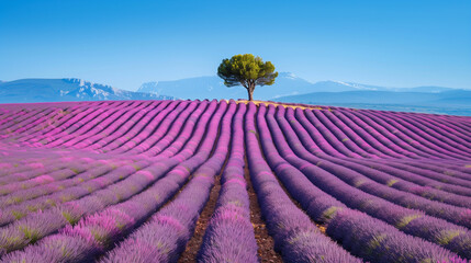 A lone tree stands sentinel amidst a sea of purple lavender under a clear blue sky