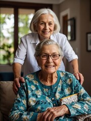 Health visitor and a senior woman during home visit.