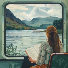 Woman Reading Book on Train