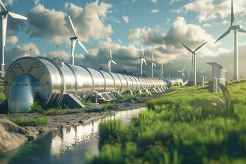 A hydrogen pipeline with wind turbines and in the background. Generative AI - obrazy, fototapety, plakaty