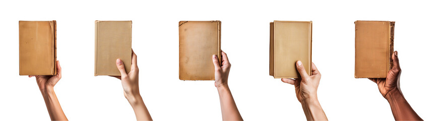 Collection of hand holding book, isolated on a transparent background, PNG