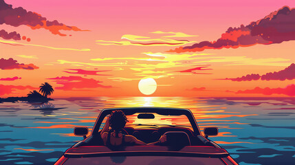 person watching the sunset over the ocean in a convertible car - obrazy, fototapety, plakaty