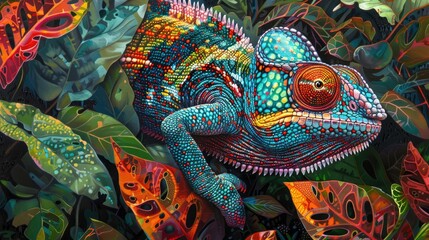 Obraz premium A curious chameleon, its eyes swiveling independently as it blends seamlessly into its surroundings, vibrant colors against a backdrop of lush tropical foliage.