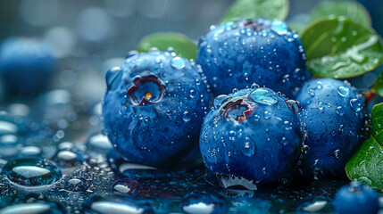 A close-up of fresh blueberries with water droplets on their surface, highlighting their texture and color - obrazy, fototapety, plakaty