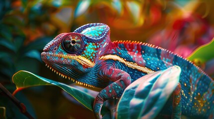 A curious chameleon, its eyes swiveling independently as it blends seamlessly into its surroundings, vibrant colors against a backdrop of lush tropical foliage.