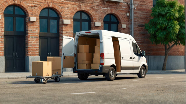 Delivery van with cardboard boxes on gray background