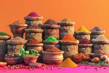 Fotobehang A colorful assortment of spices and herbs are displayed in various containers © Phuriphat