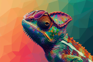 Chameleon wearing sunglasses on a pastel color background, funny, happy, cute © Pickoloh