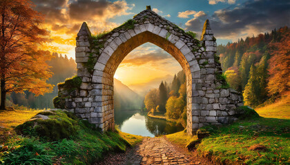 Old stone arch. Medieval gate. Portal to forest park, woods at sunset. Magical place. Ancient ruins.