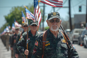Veterans marching in a memorial day parade, carrying banners and flags. - obrazy, fototapety, plakaty