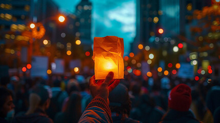 Illuminated Lantern Held High at a Vibrant Street Protest - obrazy, fototapety, plakaty