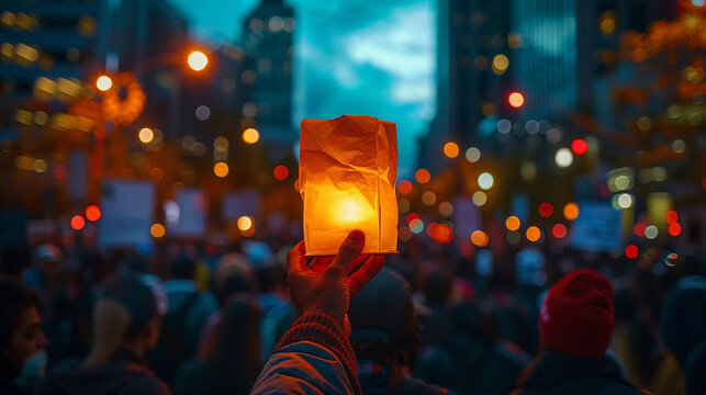 Illuminated Lantern Held High at a Vibrant Street Protest