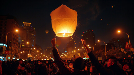 Crowd Releasing Sky Lanterns in Urban Nighttime Setting - obrazy, fototapety, plakaty