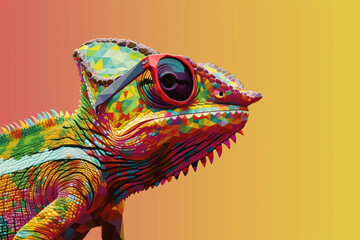Chameleon wearing sunglasses on a pastel color background, funny, happy, cute © Pickoloh