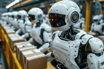 Fototapeta premium An assembly line of advanced humanoid robots with a sleek white and black design, featuring a prominent, expressive visor, ready for deployment in industrial settings