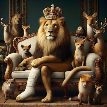 a regal lion, visibly injured with a bandaged leg, sitting solemnly on an ornate, vintage couch