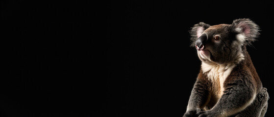 Engaging image of a koala with a head tilt suggesting curiosity, framed against a stark black background