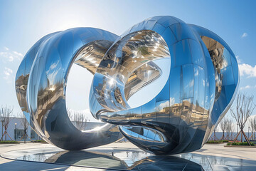Modern art sculpture in a cultural city center, consisting of sleek metallic curves