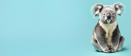 A curious koala sits with attention, against a cyan background, inviting viewers to ponder its thoughts