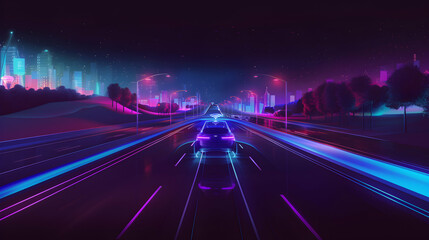 Obraz premium A car driving on a futuristic neon-lit city highway at night, with a sense of motion and technology.