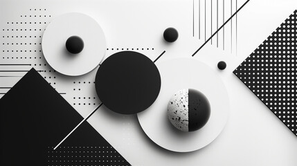 A modern abstract composition featuring geometric shapes in monochrome tones with a mix of dotted patterns, straight lines, and textured spheres, creating a visually striking contrast, 3d