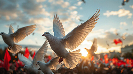 Obraz premium Flying Doves Over a Crowd at Sunset: Symbolizing Peace