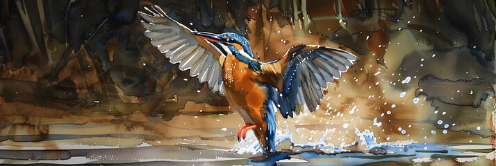 water color , kingfisher diving into a river