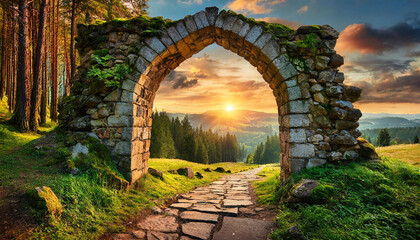 Obraz premium Old stone arch. Medieval gate. Portal to forest park, woods at sunset. Magical place. Ancient ruins.