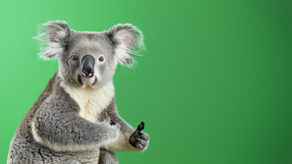 Captured on a green backdrop, this koala lifts its thumb up, suggesting approval or a job well done...